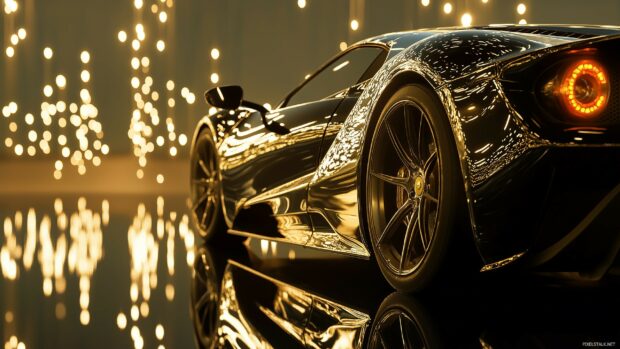 Sleek black sports car with gold accents, parked on a reflective surface at night with soft golden lights highlighting its curves.