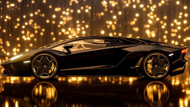 Sleek sports car with gold accents, parked on a reflective surface at night with soft golden lights highlighting its curves.