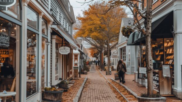 Small town in autumn, streets lined with trees in full fall colors, quaint shops and cafes, people wearing cozy clothes.