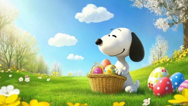 Snoopy Easter Wallpaper with colorful eggs, a basket of treats, and spring flowers in a sunny meadow.