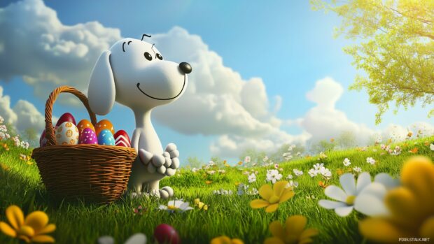 Snoopy celebrating Easter with colorful eggs, a basket of treats, and spring flowers in a sunny meadow.