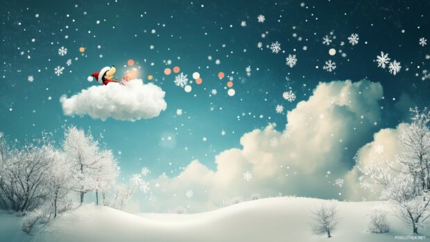 Snoopy dreaming of a snowy Christmas wonderland, with colorful thought bubbles showing him flying through the sky with Santa and his reindeer.