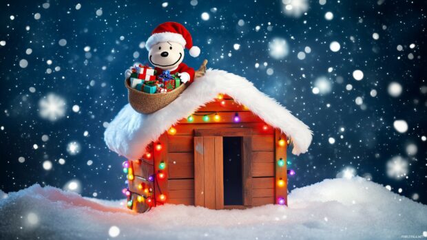 Snoopy dressed as Santa Claus, joyfully holding a sack full of gifts, standing on top of his doghouse decorated with colorful Christmas lights.