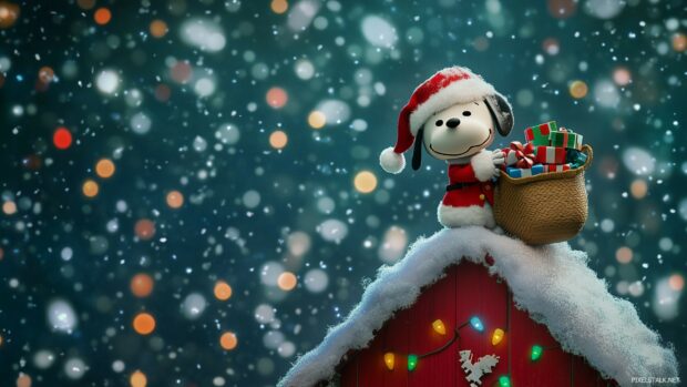 Snoopy dressed as Santa Claus, joyfully holding a sack full of gifts, standing on top of his doghouse decorated with colorful Christmas lights, surrounded by snowflakes.