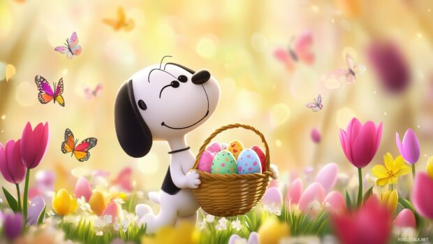 Snoopy dressed as the Easter Bunny, holding a basket of pastel eggs, surrounded by blooming tulips and cheerful butterflies.