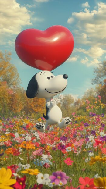 Snoopy holding a large heart shaped balloon, with a big smile on his face as he floats above a field of colorful flowers.