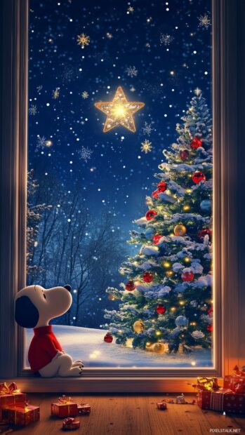 Snoopy sitting by the window, gazing at a beautiful Christmas star shining in the night sky.