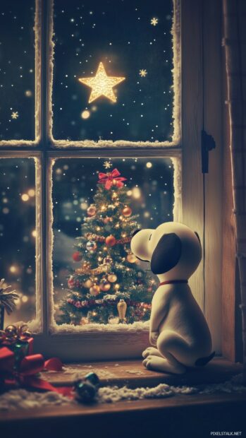 Snoopy sitting by the window, gazing at a beautiful Christmas star shining in the night sky, with a decorated Christmas tree reflected in the glass.