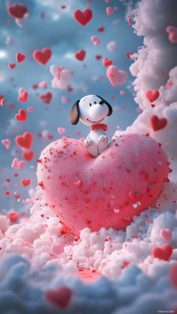 Snoopy sitting on a giant heart surrounded by swirling clouds and floating hearts, looking dreamy and content, evoking a whimsical Valentines atmosphere.