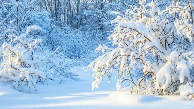 Snow covered trees and branches in a tranquil winter forest, with soft sunlight creating a serene mood.