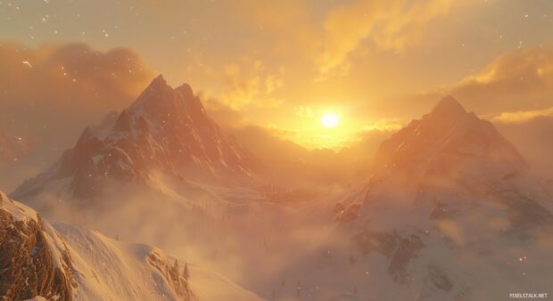 Snowy Mountain at the Sunset.