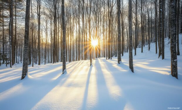 Snowy forest wallpaper with sunlit snow covered branches and a pristine, white landscape.