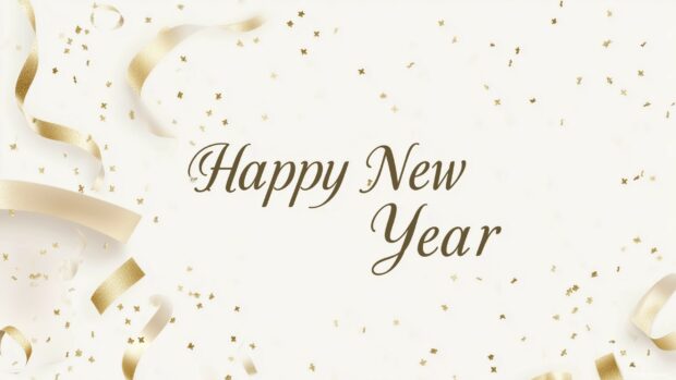 Soft champagne beige background with clean Happy New Year text in minimalist calligraphy style.