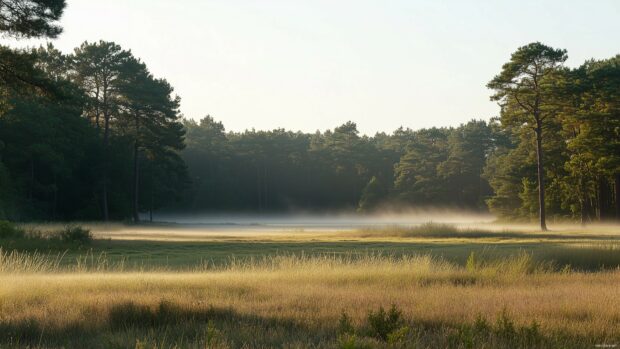 Soft mist over a serene pine forest at sunrise, with golden light filtering through the trees.