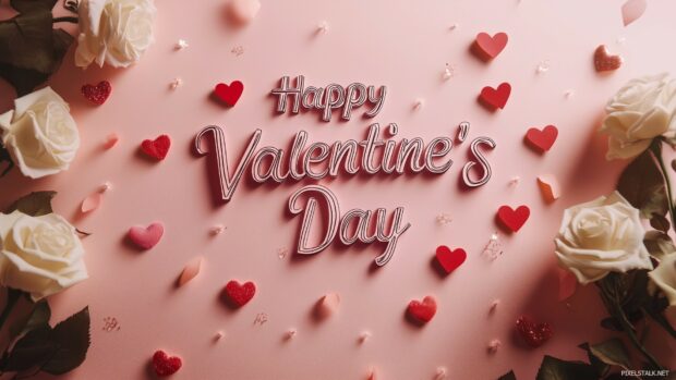 Soft pastel background with Happy Valentines Day in stylish calligraphy.