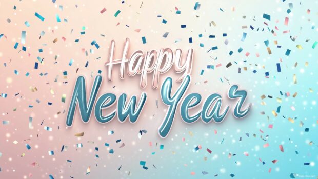 Soft pastel gradient background in blush pink and sky blue with delicate Happy New Year text in a modern sans serif font.