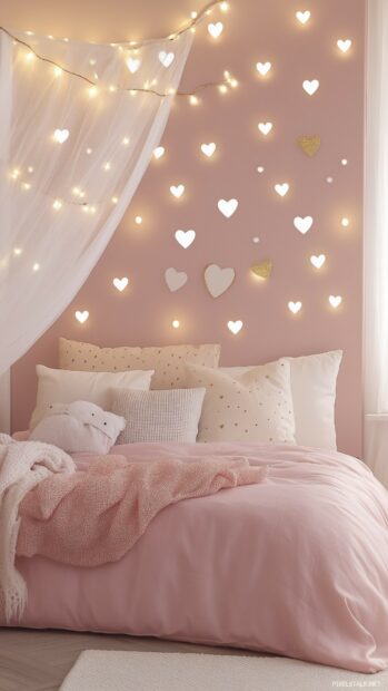 Soft pink Valentines mobile wallpaper with a pattern of polka dots and tiny hearts in white and gold, creating a playful yet elegant vibe.