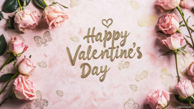 Soft pink and gold Happy Valentines Day lettering on a luxurious, floral patterned background.