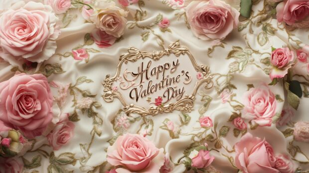 Soft pink and gold Happy Valentines Day lettering on a luxurious, floral patterned background, surrounded by delicate roses and elegant filigree.