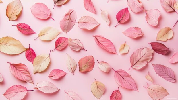 Soft pink autumn leaves scattered across a pale pink background.