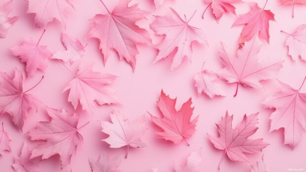 Soft pink autumn leaves scattered across a pale pink background.