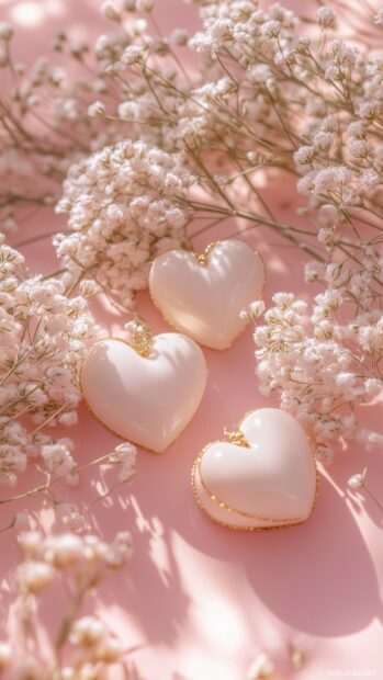 Soft pink valentine background with a pattern of delicate white hearts and gold accents.