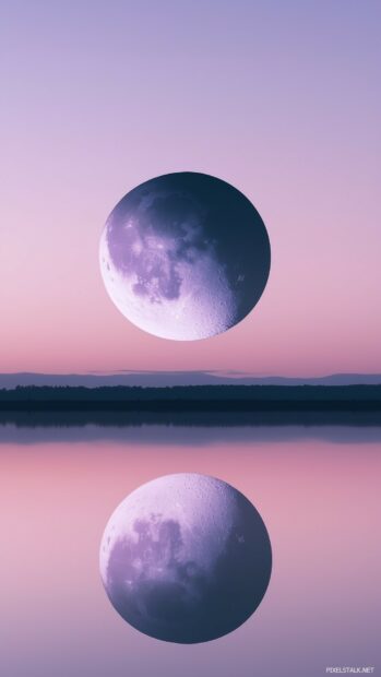 Soft purple Moon against a clear, gradient night sky, with a simple reflection of the Moon on a calm body of water below.