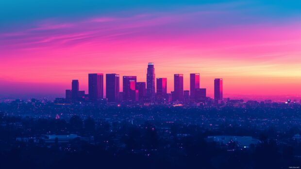 Softly lit city street 4K desktop wallpaper with a few buildings and a clear sky above.