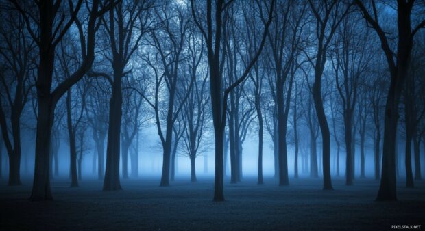 Softly lit dark forest wallpaper HD with a clean design, the trees standing tall, fading into the distance as fog rolls in elegantly.