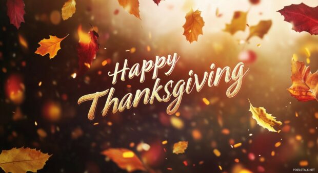 Sophisticated design featuring Happy Thanksgiving in elegant, flowing typography with a background of softly blurred autumnal elements.