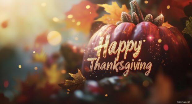 Sophisticated design featuring Happy Thanksgiving in elegant, flowing typography with a background of softly blurred autumnal elements and a hint of shimmer.