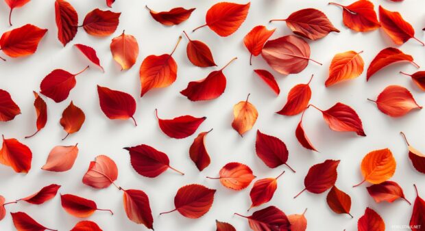 Sparse arrangement of autumn leaves on a plain background.