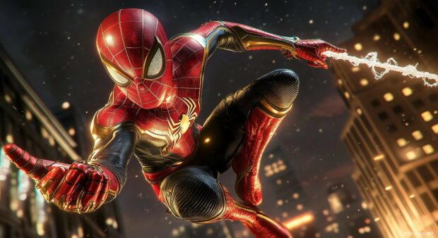 Spider man in a dynamic mid air pose against a night sky with glowing city lights.