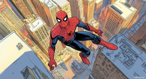 Spider man swinging between skyscrapers with a vibrant comic book city backdrop.