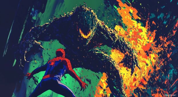 Spiderman battling a monstrous villain in a vivid comic book scene with dramatic colors and action packed effects.