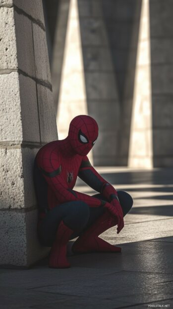 Spiderman crouched in a minimalistic shadowed environment.