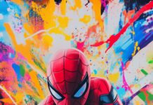 Spiderman crouching with a dynamic burst of colorful comic book patterns behind him.