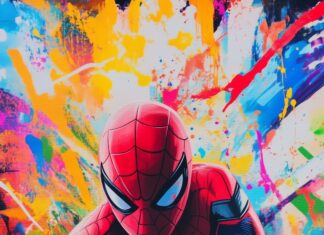 Spiderman crouching with a dynamic burst of colorful comic book patterns behind him.