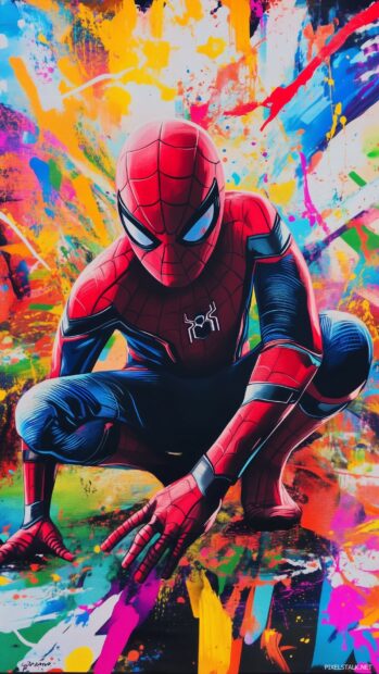 Spiderman crouching with a dynamic burst of colorful comic book patterns behind him.