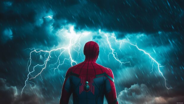 Spiderman facing a fierce storm, with lightning illuminating the sky.