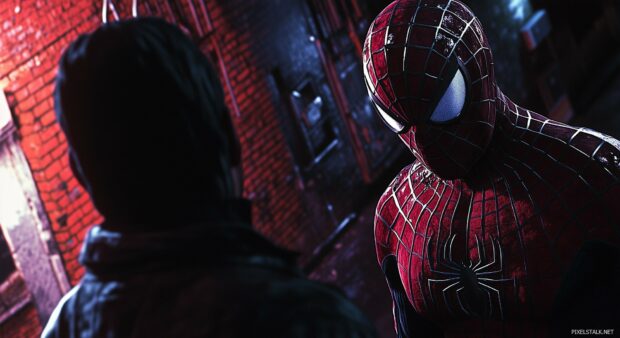 Spiderman facing off against a villain in a dark alley with dramatic lighting.