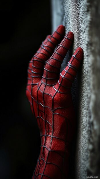 Spiderman hand gripping a wall with a solid black background.