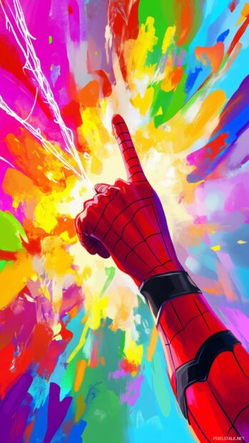 Spiderman hand shooting a web with a vibrant comic book style explosion background.