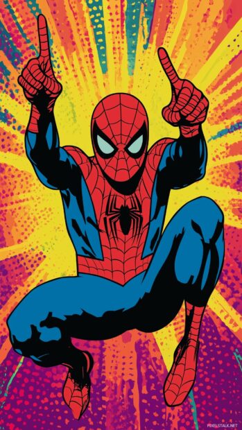 Spiderman iconic pose with a pop art background of explosive comic book colors.