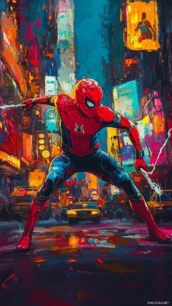 Spiderman in a heroic stance with a colorful comic book cityscape behind him.