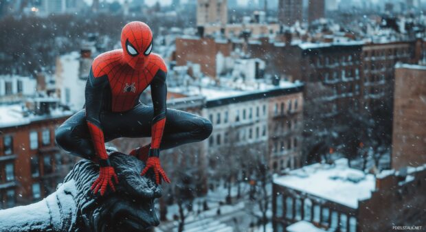 Spiderman in his black suit, perched on a gargoyle overlooking the city.