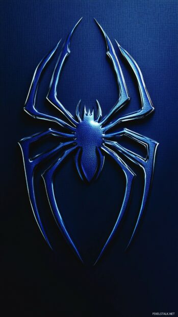 Spiderman logo with a sleek metallic finish on a dark blue background.