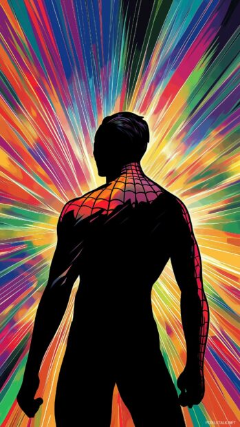 Spiderman silhouette against a vibrant comic book background with dynamic action lines.