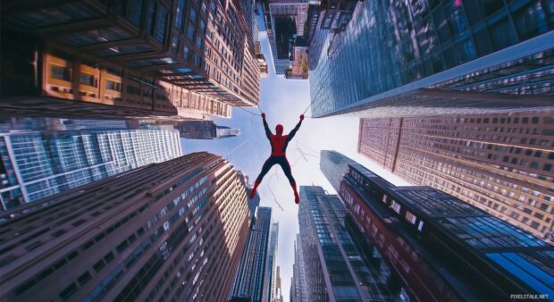 Spiderman swinging through a forest of skyscrapers, leaving a trail of webbing.