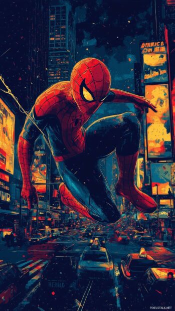 Spiderman swinging through the city with bright, bold comic book colors.